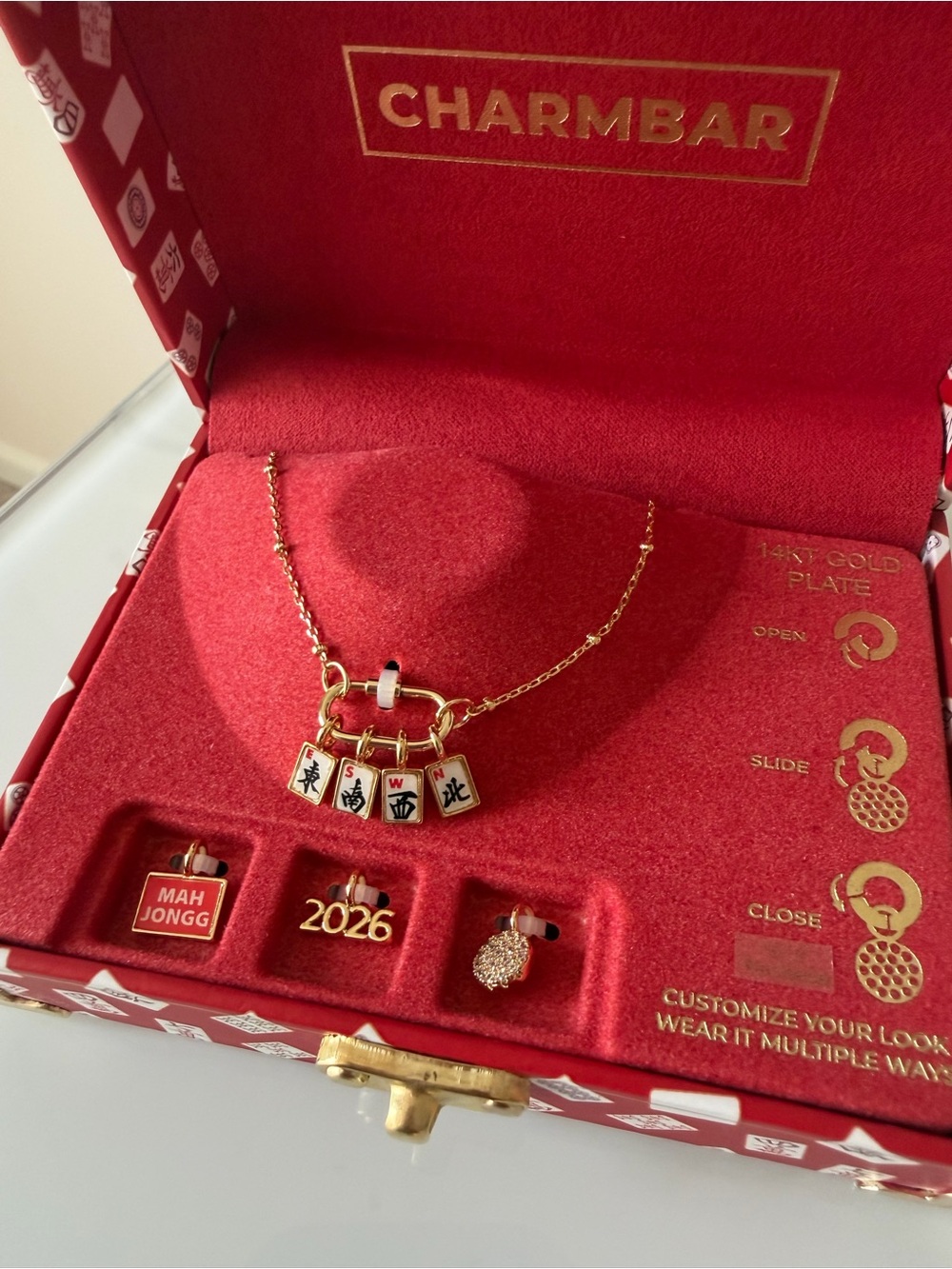 Gold Mahjong Tile charms Necklace with Red gift box